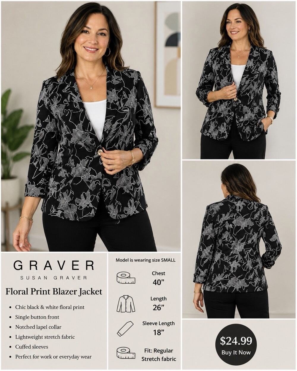 Susan Graver GRAVER Women’s Small Black White Floral Print Blazer Jacket